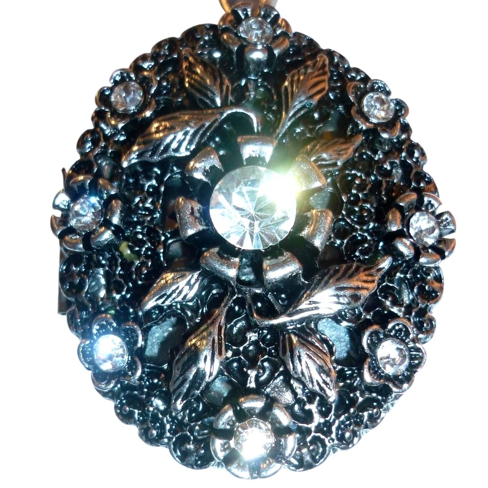 Vintage Gunmetal‎ Filigree Floral Rhinestone Oval Locket Pendant Charm